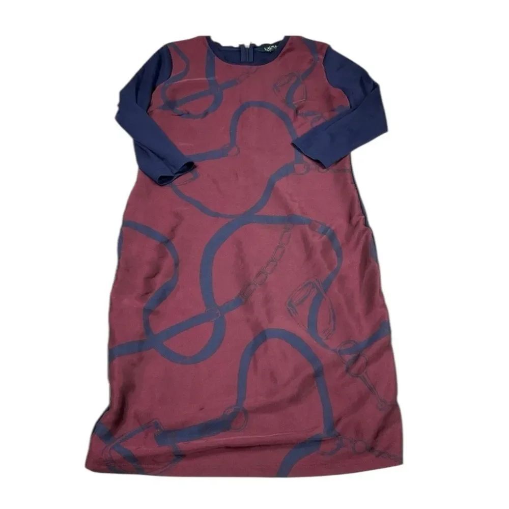Lauren Ralph Lauren Midi Dress Colorblock Equestrian Print Workwear 3/4 Sleeve S